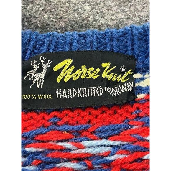 VTG Norse Knit Blue Fair Isle Red White Blue Cardigan Wool XL - Picture 3 of 3